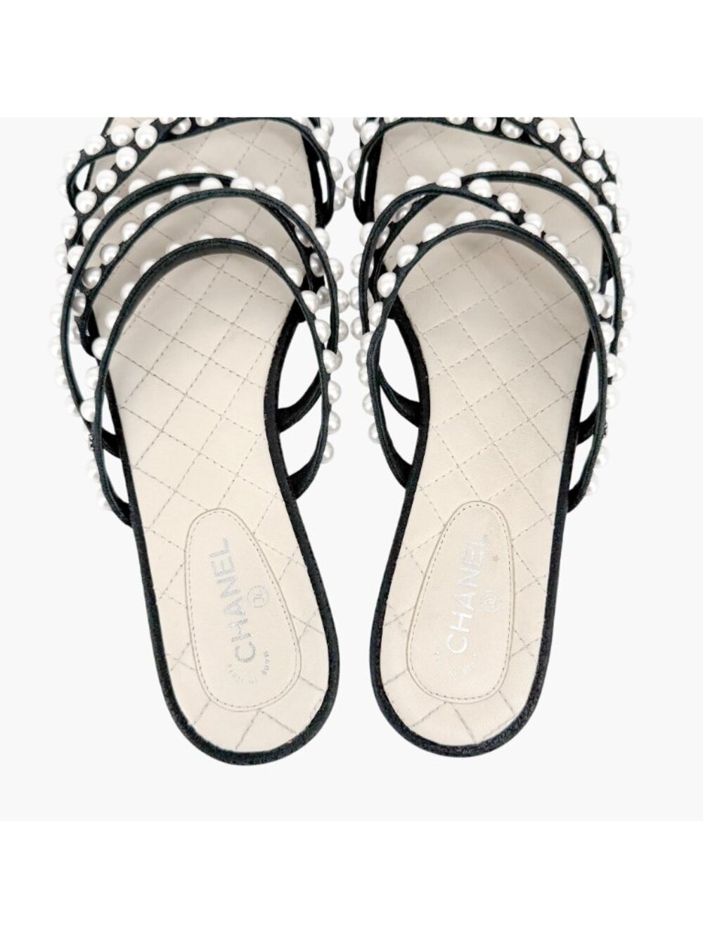 Chanel CC Pearl Strappy Slide Sandals Black White Flat Size 38.5 US 7.5-8 Women - Picture 4 of 14